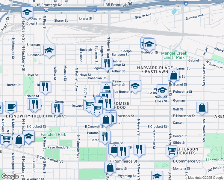 map of restaurants, bars, coffee shops, grocery stores, and more near 121 Blue Bonnet Street in San Antonio