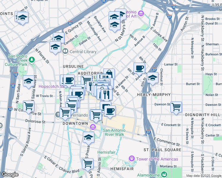 map of restaurants, bars, coffee shops, grocery stores, and more near in San Antonio