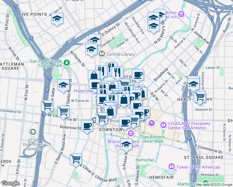 map of restaurants, bars, coffee shops, grocery stores, and more near 152 East Pecan Street in San Antonio
