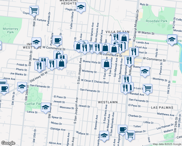 map of restaurants, bars, coffee shops, grocery stores, and more near 304 South San Ignacio Avenue in San Antonio