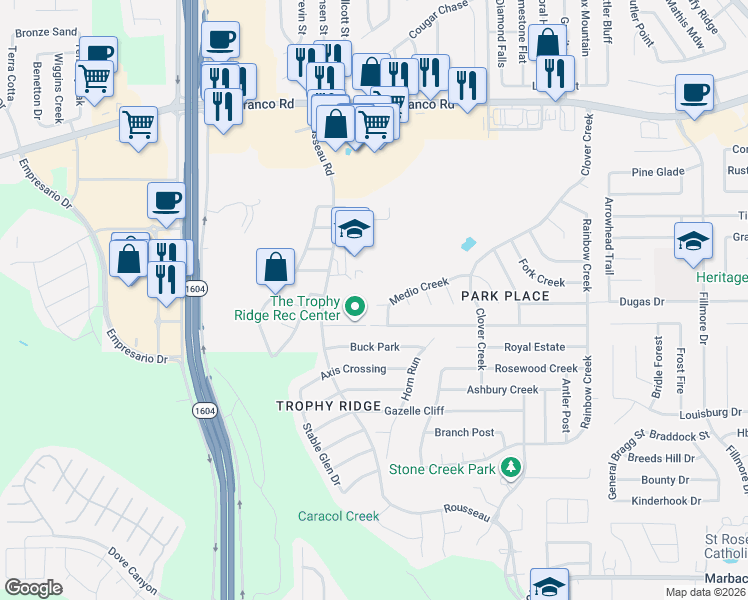 map of restaurants, bars, coffee shops, grocery stores, and more near 10615 Medio Creek in San Antonio