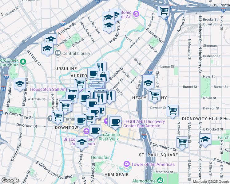 map of restaurants, bars, coffee shops, grocery stores, and more near 301 Avenue E in San Antonio
