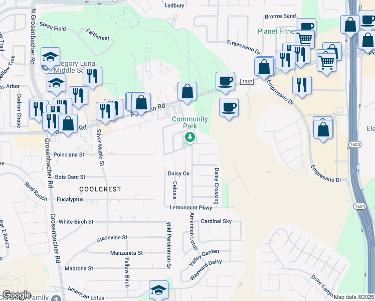 map of restaurants, bars, coffee shops, grocery stores, and more near 425 American Lotus in San Antonio