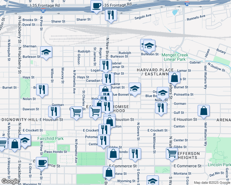 map of restaurants, bars, coffee shops, grocery stores, and more near 121 Blue Bonnet Street in San Antonio