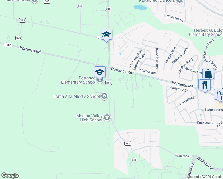 map of restaurants, bars, coffee shops, grocery stores, and more near 15574-15598 Potranco Road in San Antonio