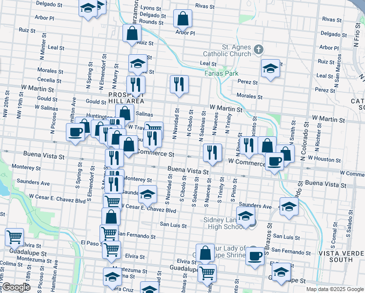 map of restaurants, bars, coffee shops, grocery stores, and more near 2410 West Houston Street in San Antonio