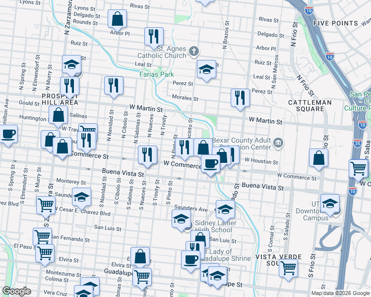 map of restaurants, bars, coffee shops, grocery stores, and more near 207 North San Jacinto Street in San Antonio