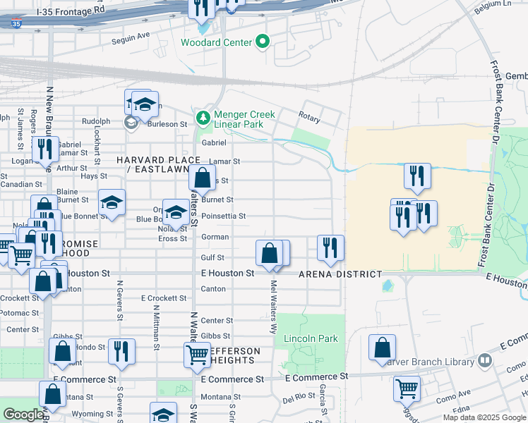 map of restaurants, bars, coffee shops, grocery stores, and more near 939 Poinsettia Street in San Antonio