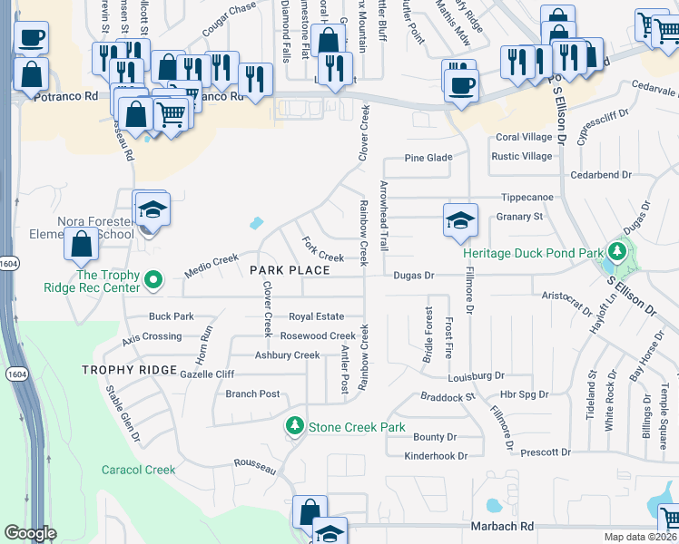 map of restaurants, bars, coffee shops, grocery stores, and more near 10527 Dugas Drive in San Antonio