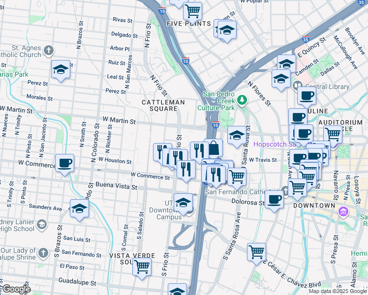 map of restaurants, bars, coffee shops, grocery stores, and more near 400 North Frio Street in San Antonio