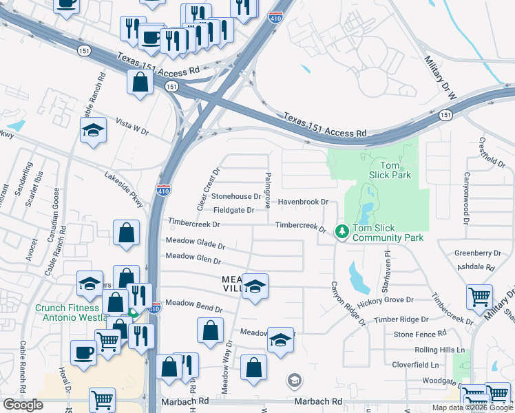 map of restaurants, bars, coffee shops, grocery stores, and more near 7411 Fieldgate Drive in San Antonio
