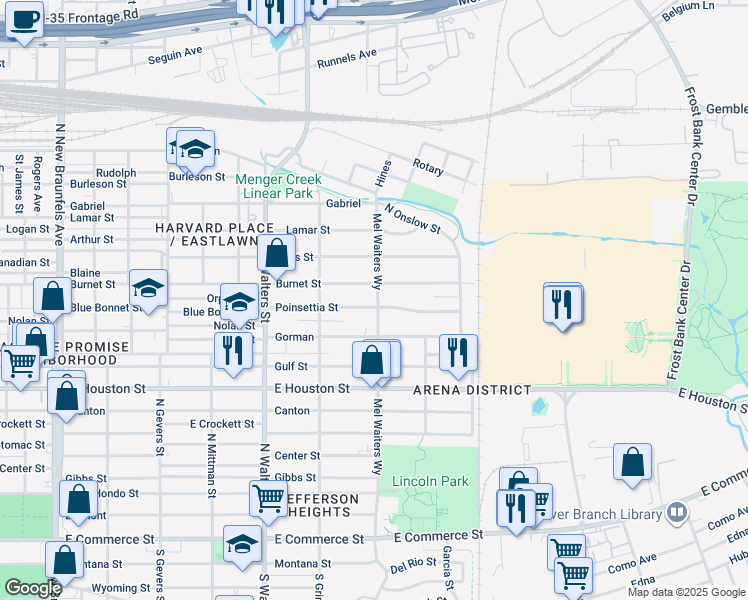map of restaurants, bars, coffee shops, grocery stores, and more near 939 Poinsettia Street in San Antonio