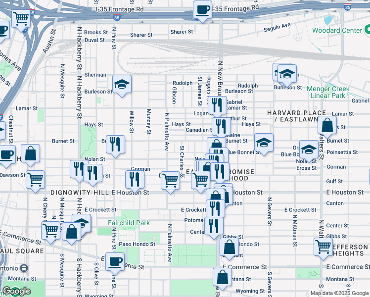 map of restaurants, bars, coffee shops, grocery stores, and more near 227 Saint Charles in San Antonio