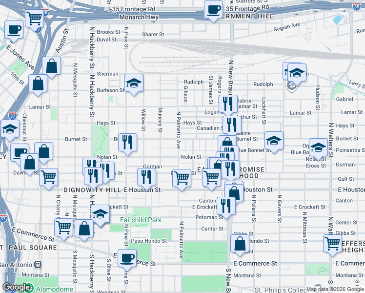 map of restaurants, bars, coffee shops, grocery stores, and more near 727 North Palmetto Avenue in San Antonio