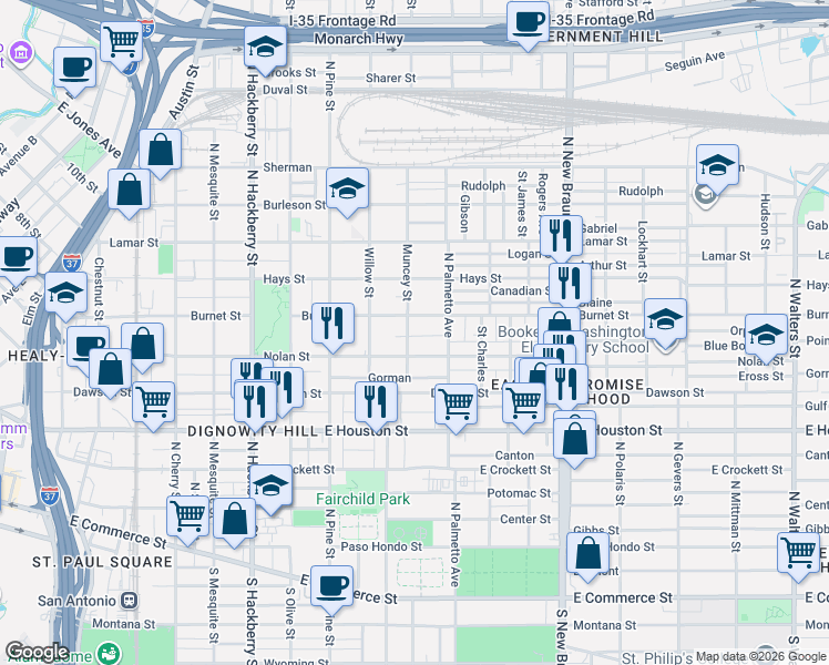 map of restaurants, bars, coffee shops, grocery stores, and more near 225 Muncey Street in San Antonio