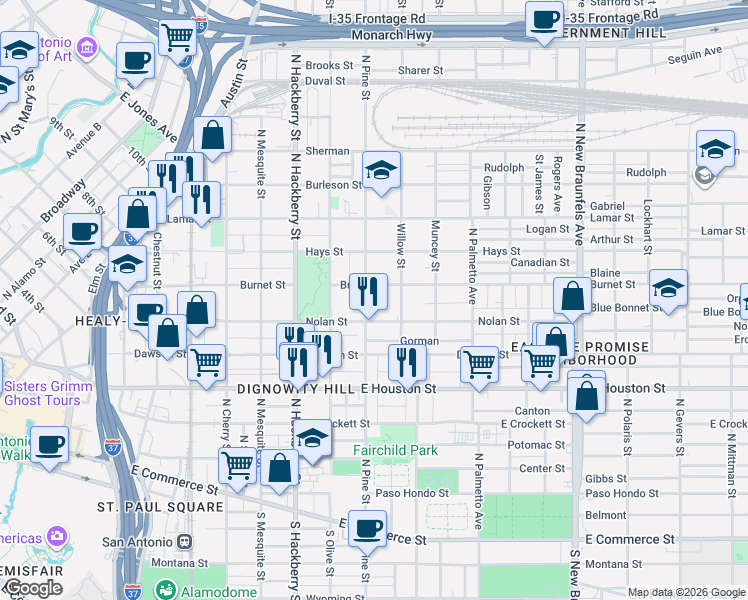 map of restaurants, bars, coffee shops, grocery stores, and more near 727 North Pine Street in San Antonio