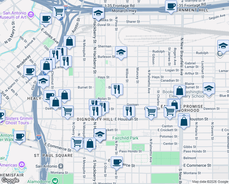 map of restaurants, bars, coffee shops, grocery stores, and more near 727 North Pine Street in San Antonio