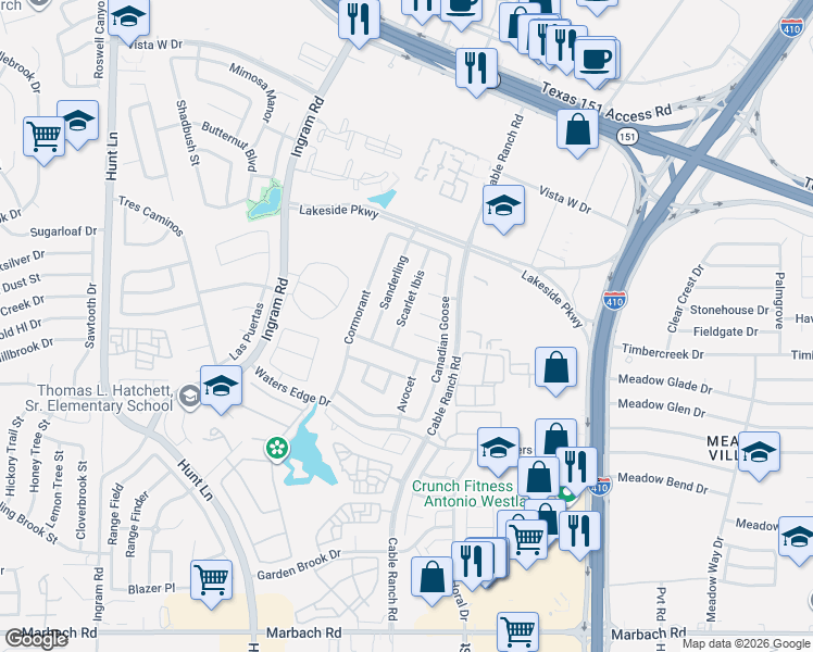 map of restaurants, bars, coffee shops, grocery stores, and more near 8622 Widgeon Court in San Antonio