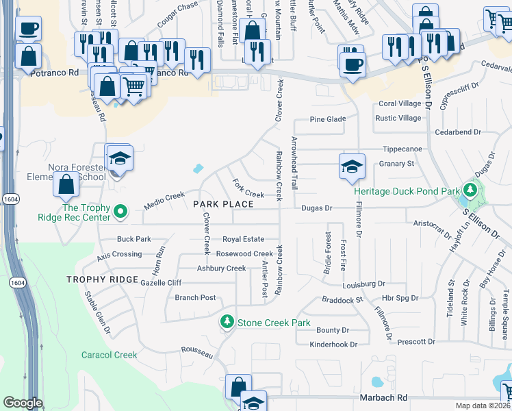 map of restaurants, bars, coffee shops, grocery stores, and more near 10527 Dugas Drive in San Antonio