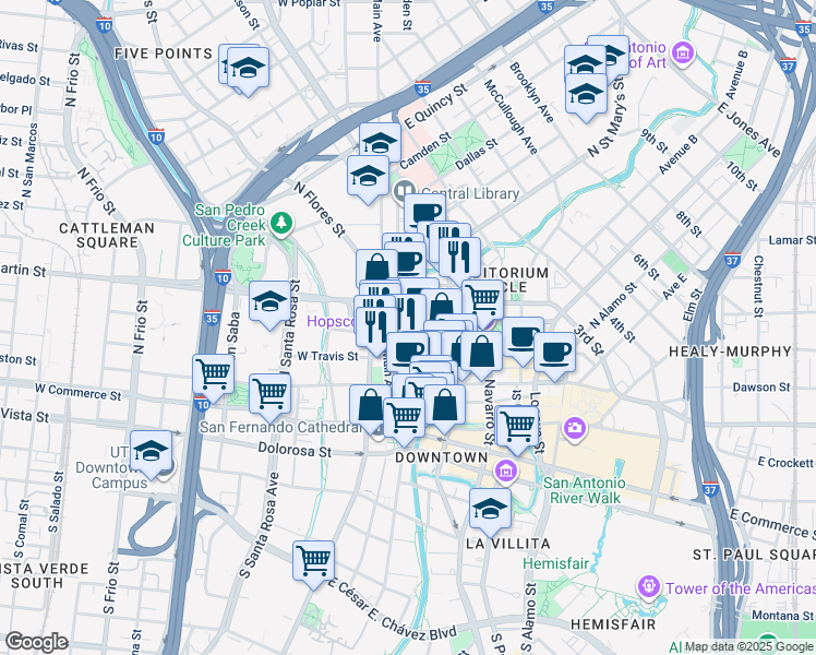 map of restaurants, bars, coffee shops, grocery stores, and more near 112 East Pecan Street in San Antonio