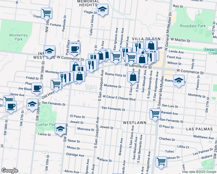 map of restaurants, bars, coffee shops, grocery stores, and more near 304 South San Ignacio Avenue in San Antonio