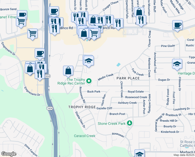 map of restaurants, bars, coffee shops, grocery stores, and more near 10615 Medio Creek in San Antonio