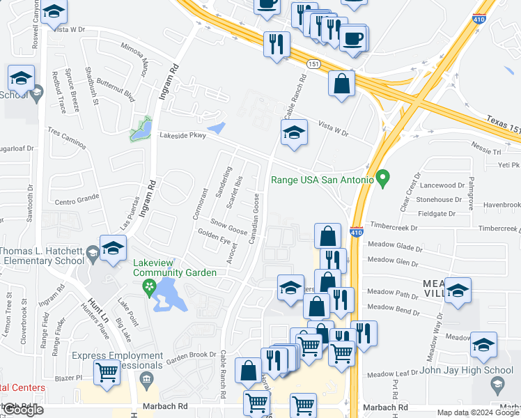 map of restaurants, bars, coffee shops, grocery stores, and more near 726 Canadian Goose in San Antonio