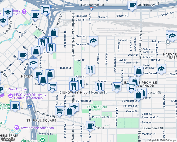 map of restaurants, bars, coffee shops, grocery stores, and more near 727 North Pine Street in San Antonio