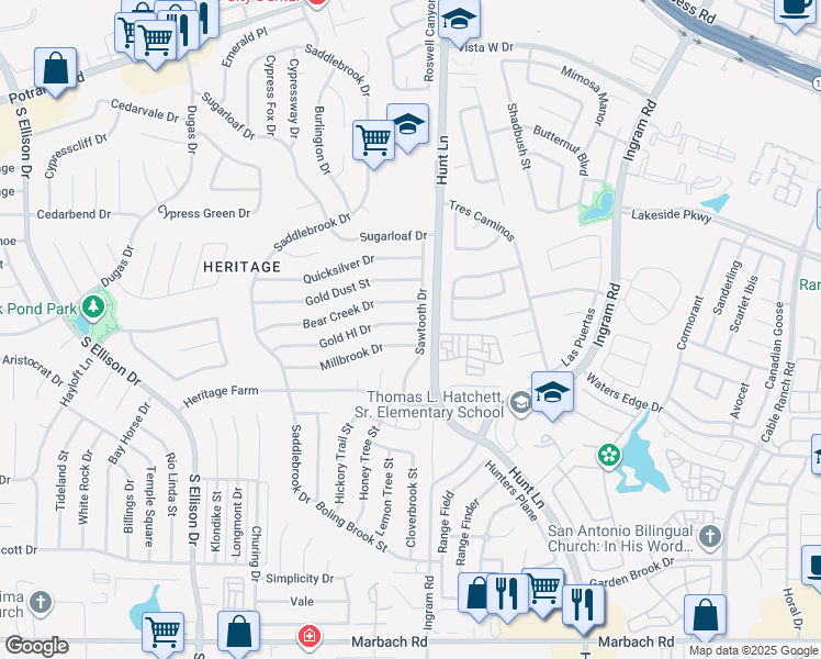 map of restaurants, bars, coffee shops, grocery stores, and more near 9406 Gold Hill in San Antonio
