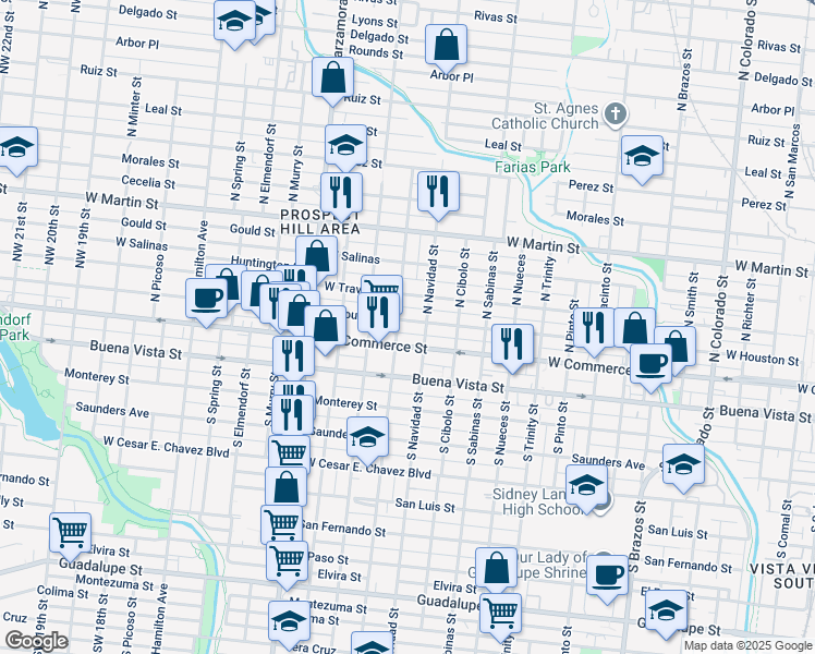 map of restaurants, bars, coffee shops, grocery stores, and more near 2522 West Houston Street in San Antonio