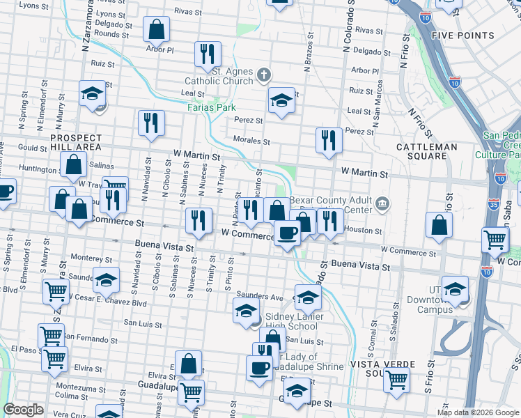 map of restaurants, bars, coffee shops, grocery stores, and more near 207 North San Jacinto Street in San Antonio