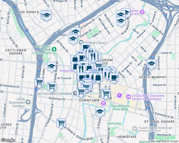 map of restaurants, bars, coffee shops, grocery stores, and more near 152 East Pecan Street in San Antonio