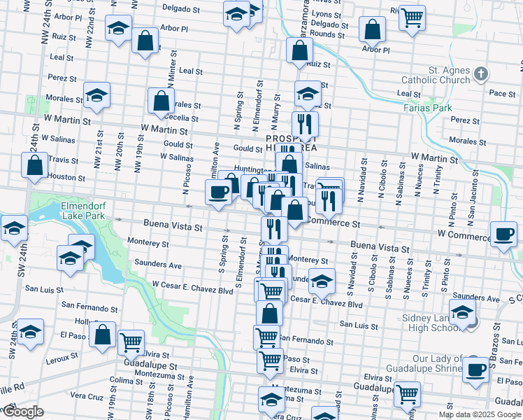 map of restaurants, bars, coffee shops, grocery stores, and more near 3019 West Commerce Street in San Antonio
