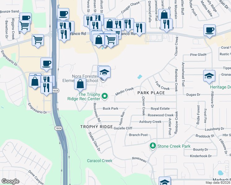 map of restaurants, bars, coffee shops, grocery stores, and more near 10615 Medio Creek in San Antonio