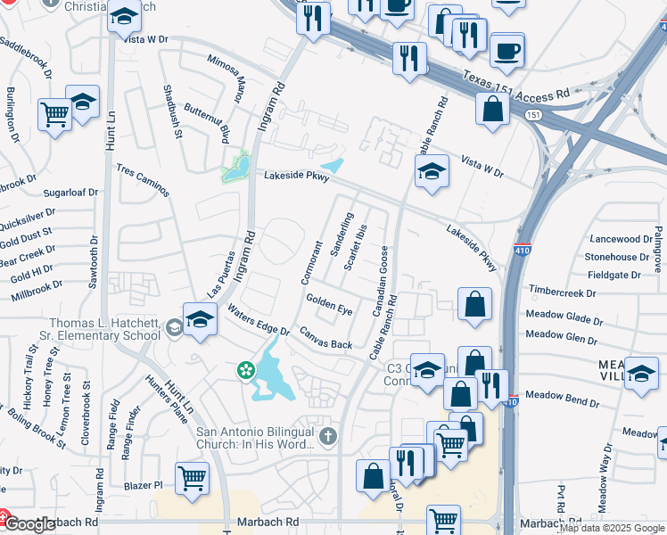 map of restaurants, bars, coffee shops, grocery stores, and more near 710 Sanderling in San Antonio