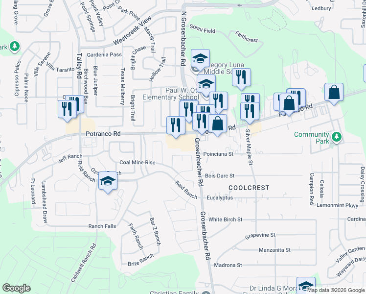 map of restaurants, bars, coffee shops, grocery stores, and more near 425 Grosenbacher Road in San Antonio
