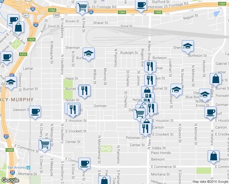 map of restaurants, bars, coffee shops, grocery stores, and more near 727 N Palmetto St in San Antonio