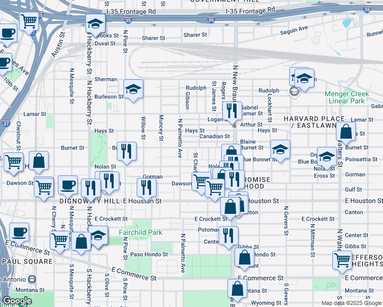 map of restaurants, bars, coffee shops, grocery stores, and more near 227 Saint Charles in San Antonio