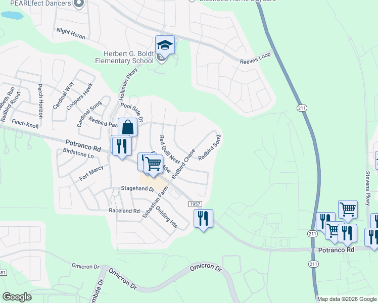 map of restaurants, bars, coffee shops, grocery stores, and more near 346 Redbird Song in San Antonio