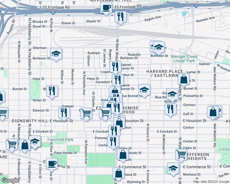 map of restaurants, bars, coffee shops, grocery stores, and more near 727 North New Braunfels Avenue in San Antonio