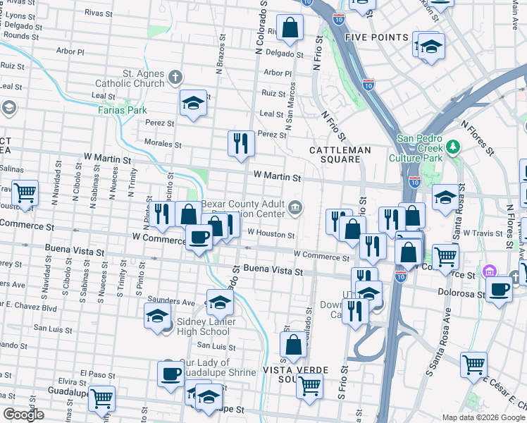 map of restaurants, bars, coffee shops, grocery stores, and more near 1323 West Travis Street in San Antonio