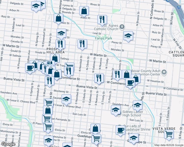 map of restaurants, bars, coffee shops, grocery stores, and more near 2303 West Houston Street in San Antonio