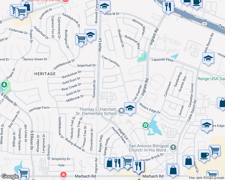 map of restaurants, bars, coffee shops, grocery stores, and more near 9206 Centro Grande in San Antonio