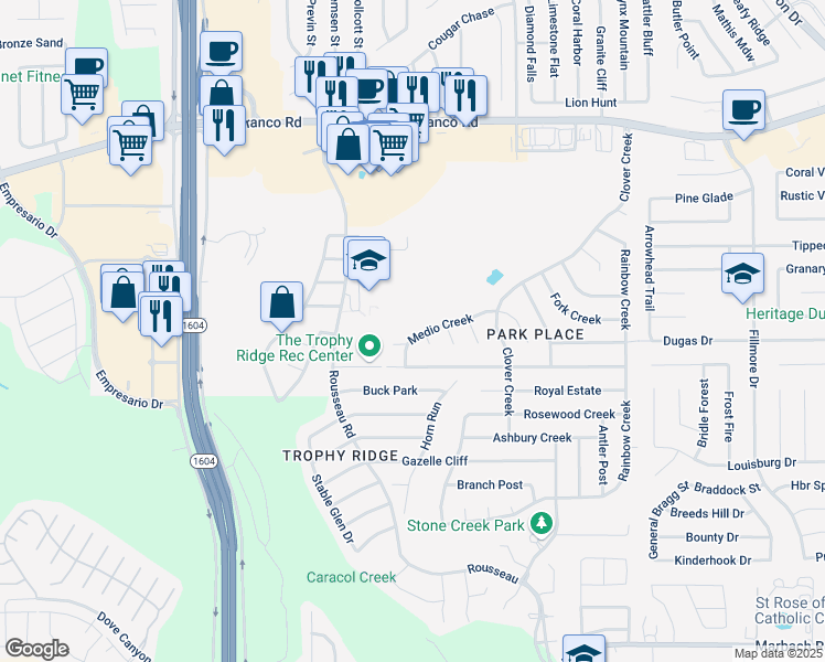 map of restaurants, bars, coffee shops, grocery stores, and more near 10615 Medio Creek in San Antonio
