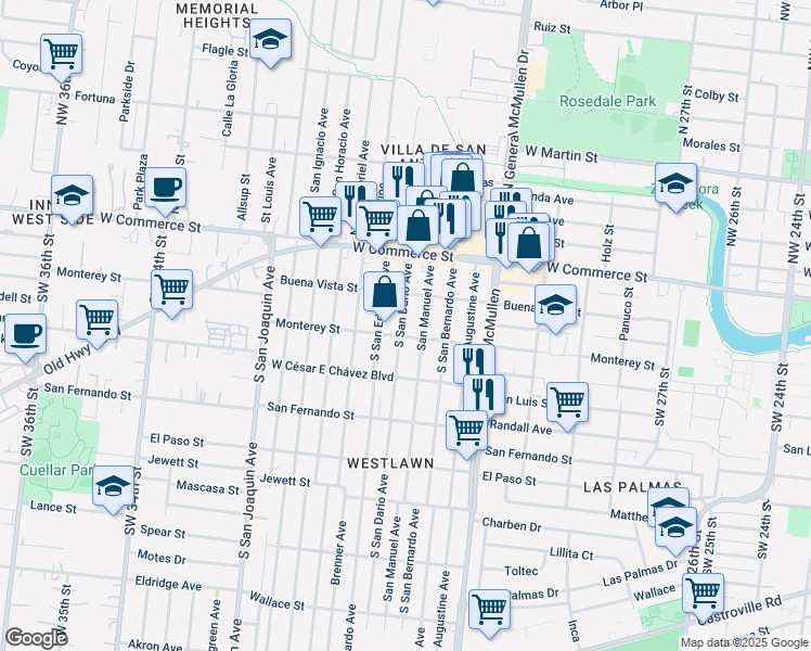 map of restaurants, bars, coffee shops, grocery stores, and more near 230 South San Dario Avenue in San Antonio