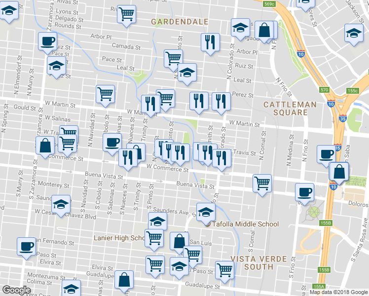 map of restaurants, bars, coffee shops, grocery stores, and more near 218 North Las Moras Street in San Antonio