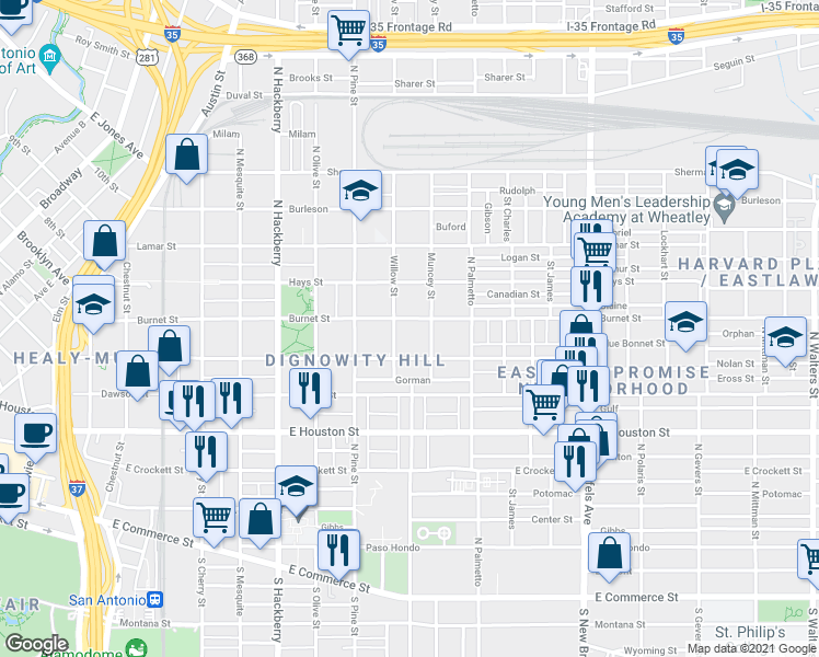 map of restaurants, bars, coffee shops, grocery stores, and more near 225 Muncey Street in San Antonio