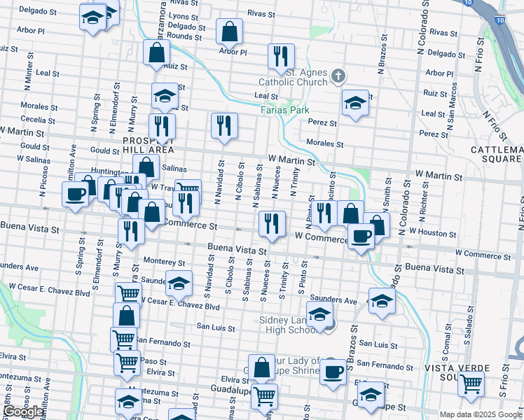 map of restaurants, bars, coffee shops, grocery stores, and more near 2303 West Houston Street in San Antonio
