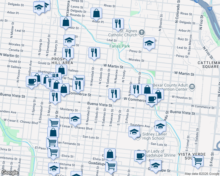 map of restaurants, bars, coffee shops, grocery stores, and more near 2303 West Houston Street in San Antonio