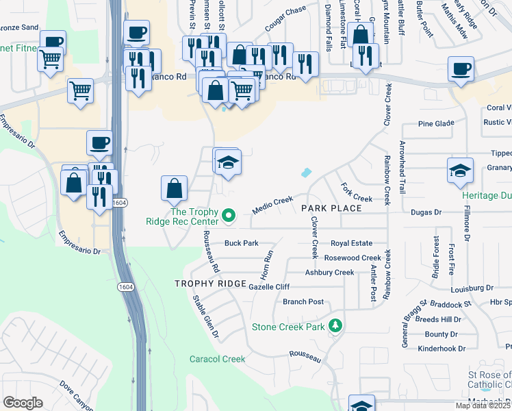 map of restaurants, bars, coffee shops, grocery stores, and more near 10615 Medio Creek in San Antonio